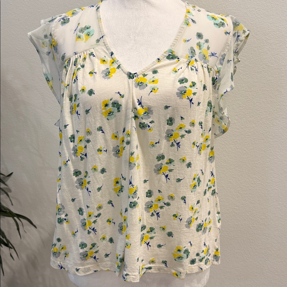 Lucky Brand Floral Top Sheer Ruffle Short Sleeve V-Neck Flowy Shirt M